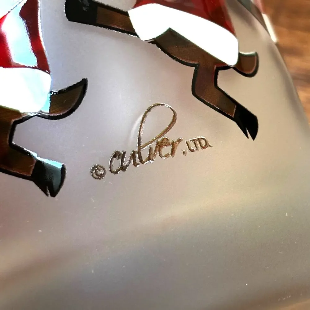 Vintage Culver Glass frosted Christmas Cocktail Glasses PAIR Dancing Santa Moose